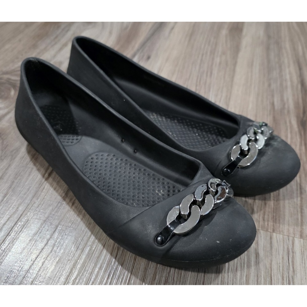 Crocs Womens 8 Gianna Chain Link Slip On Ballet Flats Black Shoes